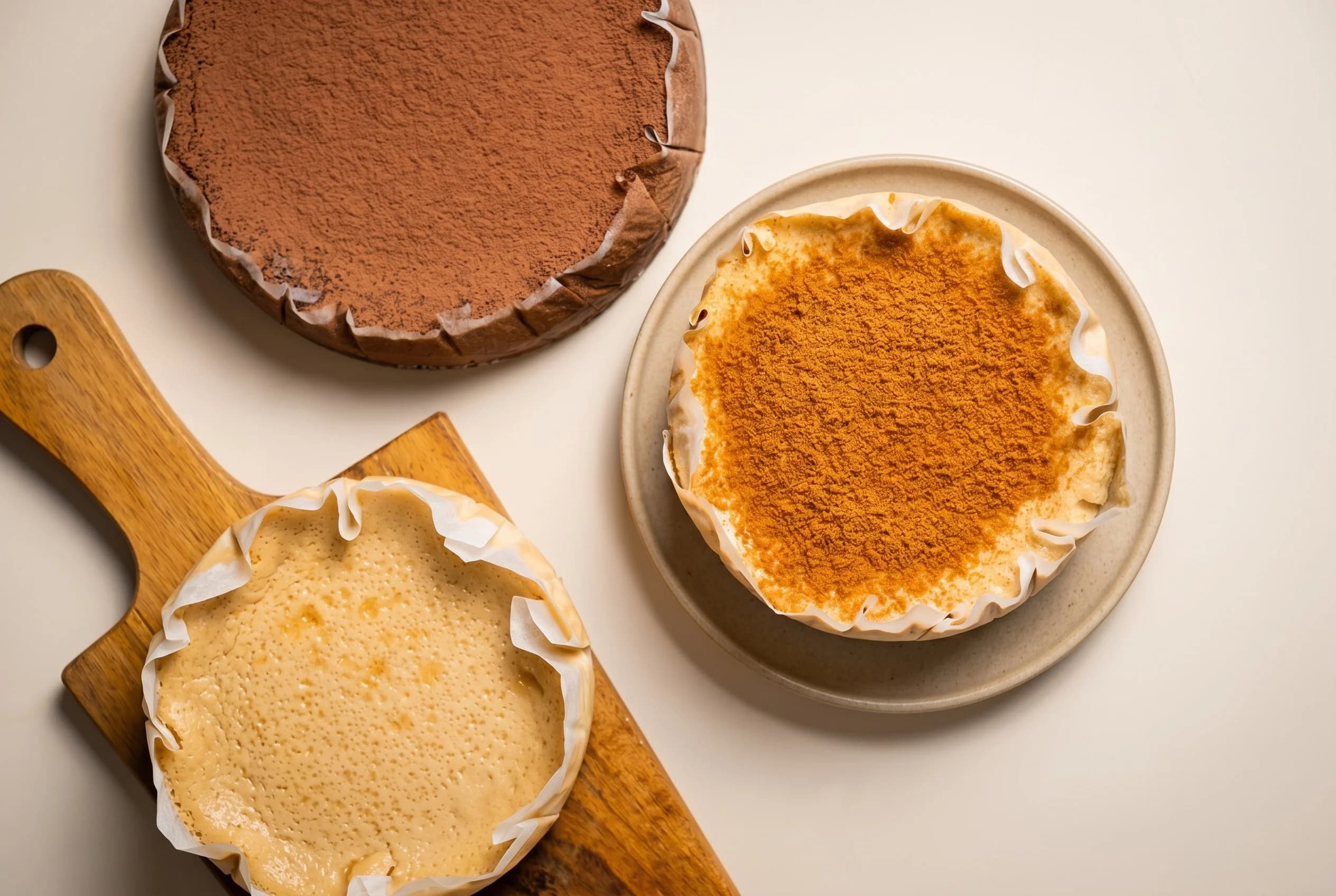 Tarta vasca Mer & Mer servida en mesa con plato de cerámica artesanal