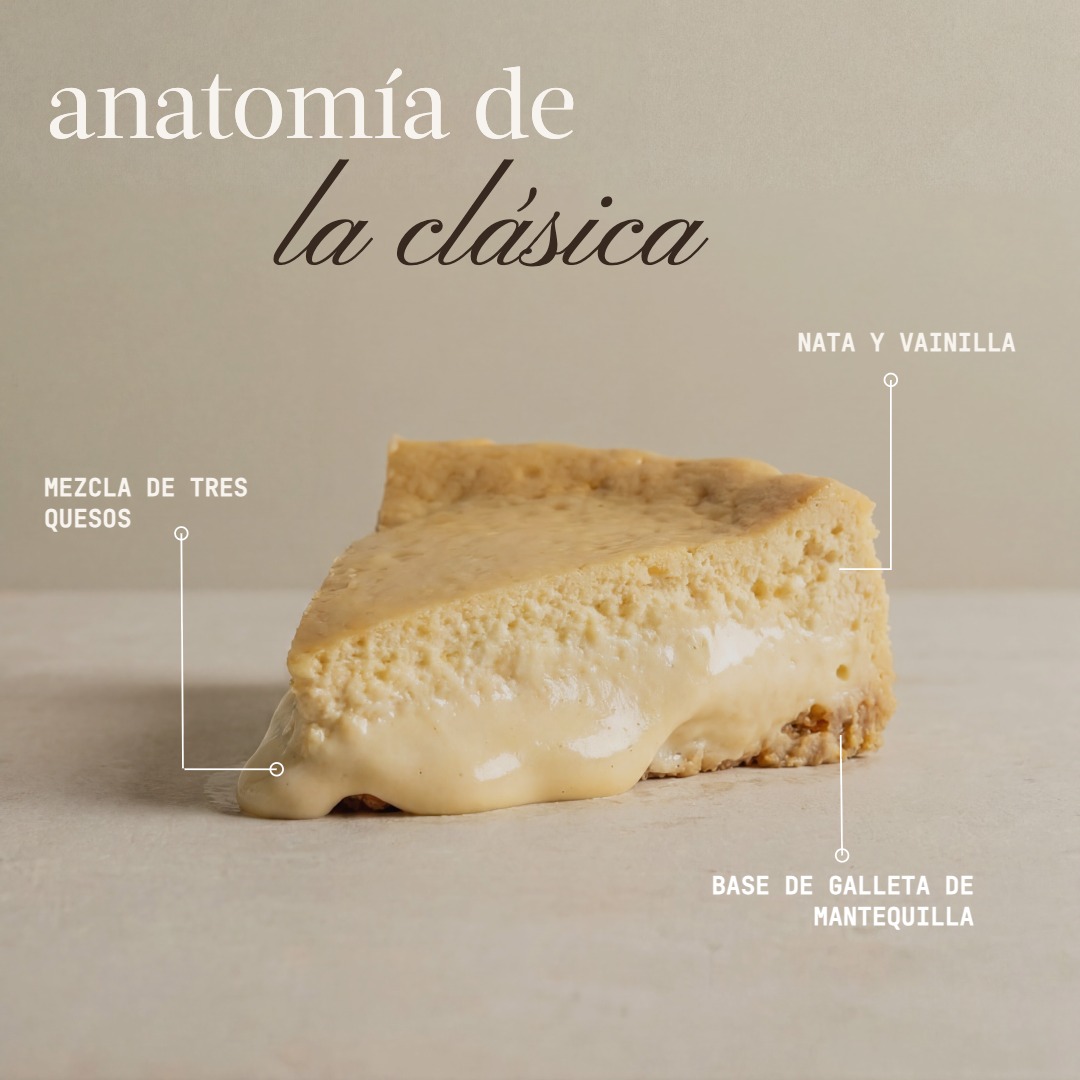 Anatomía de La Clásica — mezcla de tres quesos, nata y vainilla, base de galleta de mantequilla
